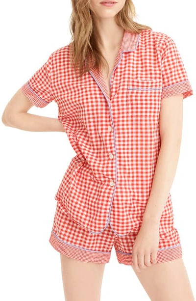 Jcrew Mixed Gingham Cotton Pajama Top In White Cerise