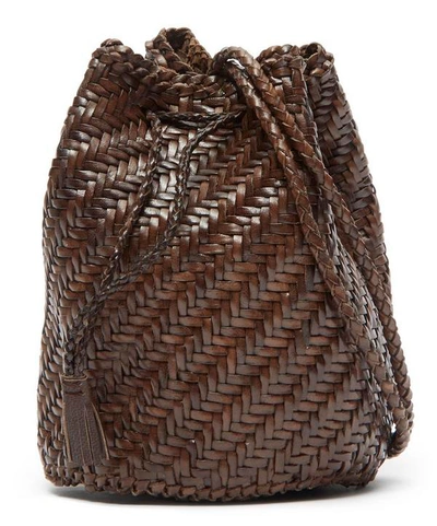 Dragon Diffusion Pom Pom Double Jump Woven Leather Cross-body Bag In Brown