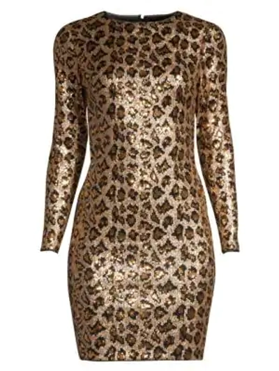 Aidan Mattox Leopard Sequin Long-sleeve Sheath Dress