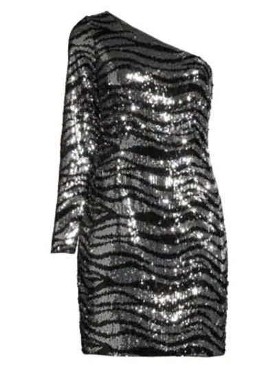 Aidan Mattox Sequin Zebra-stripe One-shoulder Cocktail Dress In Black Silver