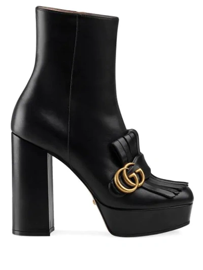 Gucci Leather Platform Ankle Boot With Fringe In Black