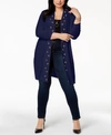 Belldini Plus Size Grommet-trim Duster Cardigan In Navy/gold