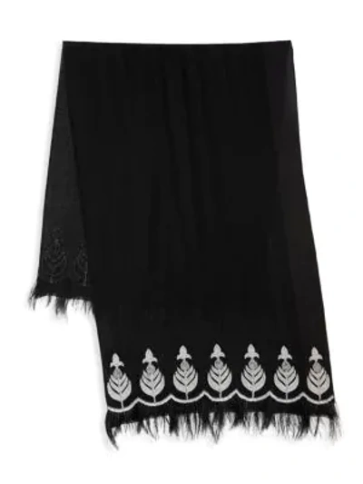 Janavi Pearl Leaf And Feather Border Cashmere Scarf In Black