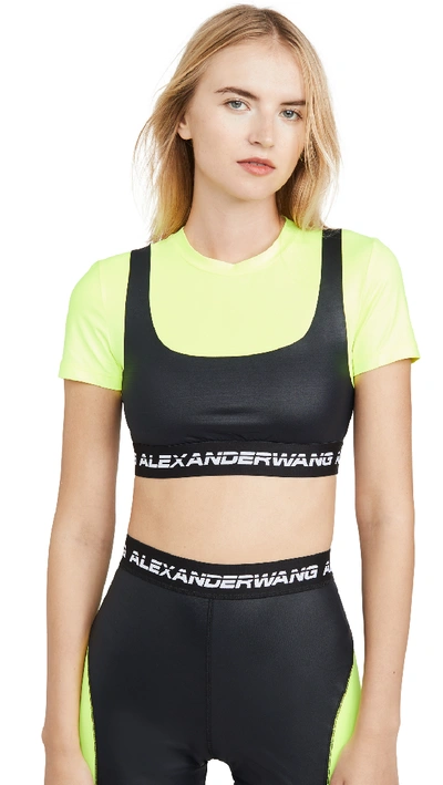 Alexander Wang T Alexanderwang.t 黑色 And 黄色 Wash And Go 徽标弹性 T 恤 In Zest/black