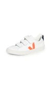 Veja Net Sustain 3-lock Logo Rubber-trimmed Leather Sneakers In Extra White/orange Fluo/nautic