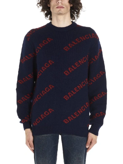 Balenciaga Men's Wool-blend Logo Intarsia Sweater In Blue