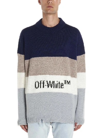 Off-white Distressed Striped Wool-blend Sweater In Blue