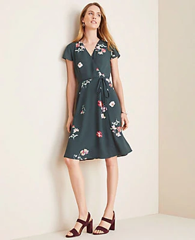 Ann Taylor Floral Wrap Flare Dress In Green