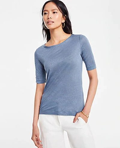 Ann Taylor Linen Elbow Sleeve Tee In Blue