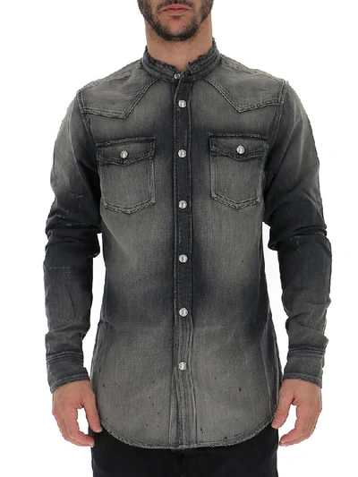 Balmain Logo Printed Distressed Western Shirt In Grey