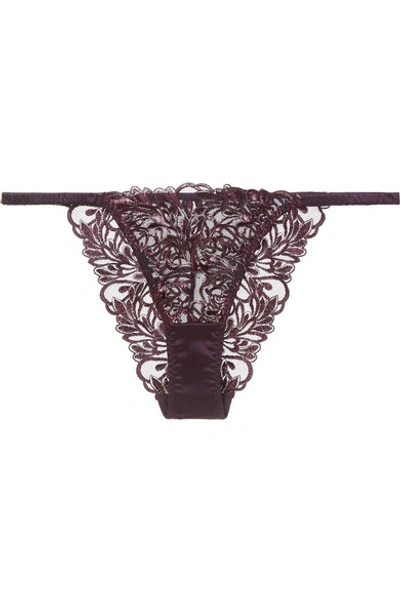 Coco De Mer Amalie Embroidered Tulle And Silk-blend Satin Briefs In Purple