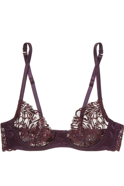 Coco De Mer Amalie Embroidered Tulle And Coated Silk-blend Satin Underwired Plunge Bra In Purple