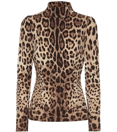 Dolce & Gabbana Leopard-print Stretch-silk Crêpe Top In Neutrals