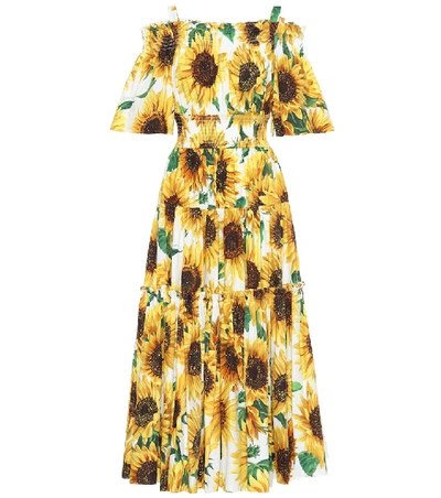 Dolce & Gabbana Off-the-shoulder Smocked Floral-print Cotton Maxi Dres In Yellow