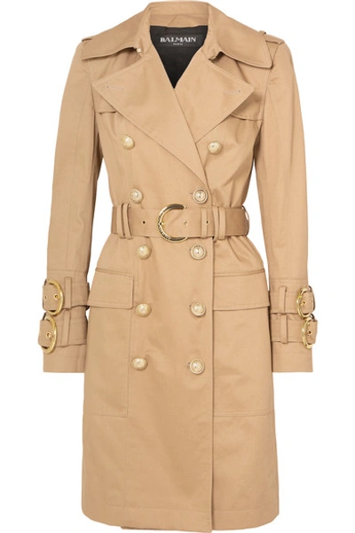 Balmain Button-embellished Cotton-twill Trench Coat In Beige