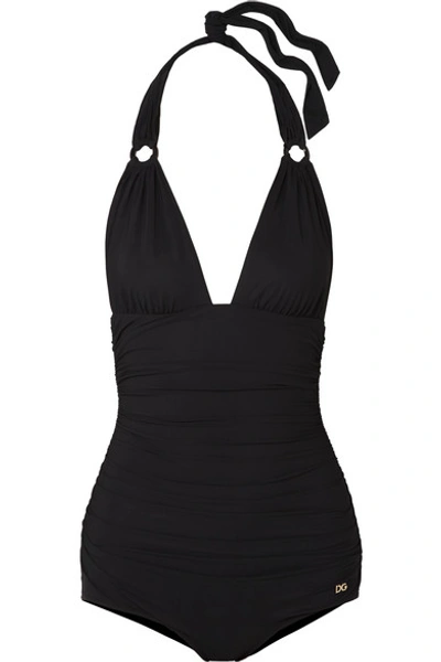 Dolce & Gabbana Ruched Halterneck Swimsuit In Black