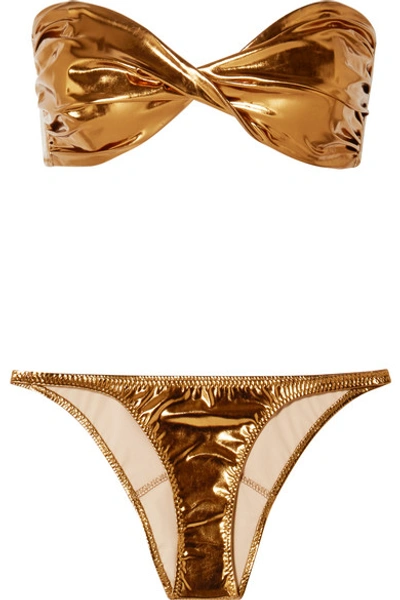 Lisa Marie Fernandez Alexia Twisted Metallic Stretch-pvc Bandeau Bikini In Gold
