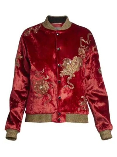 Saint Laurent Embroidered Panne Velvet Varsity Jacket In Rouge