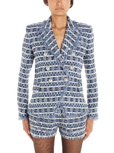 Balmain Double-breasted Fringed Tweed Jacket In Blue White