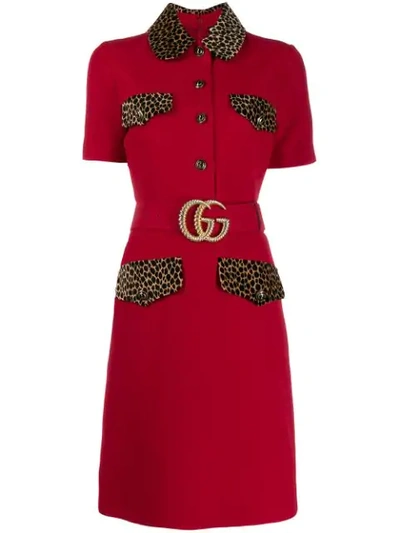 Gucci Leopard Print Detail Belted Dress - 红色 In Red
