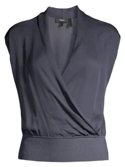 Theory Women's Draped Combo Silk Top In Blue Grey