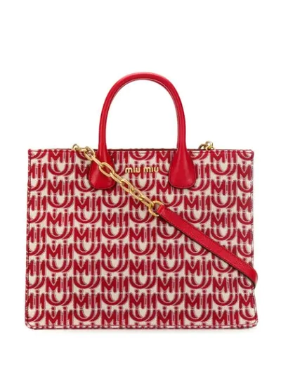 Miu Miu Logo-jacquard Leather-handle Tote Bag In Red