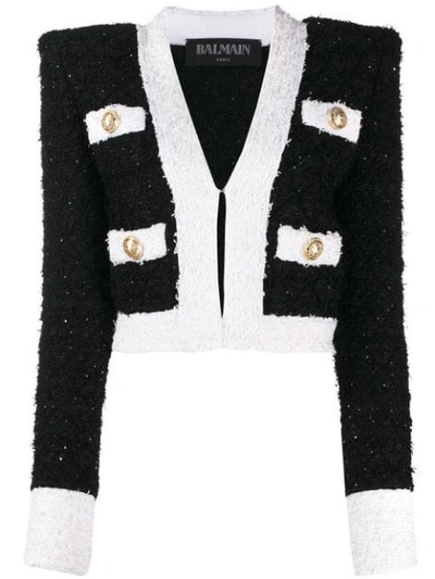 Balmain Collarless Contrast Hem Tweed Jacket In K470 Eab