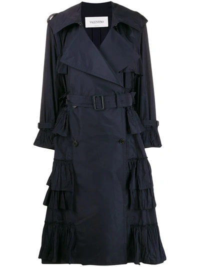 Valentino Double-breasted Pleated Trench Coat In Blue