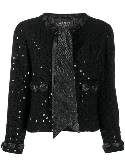 Pre-owned Chanel 2000's Sequin Embroidery Tie-neck Jacket In Black