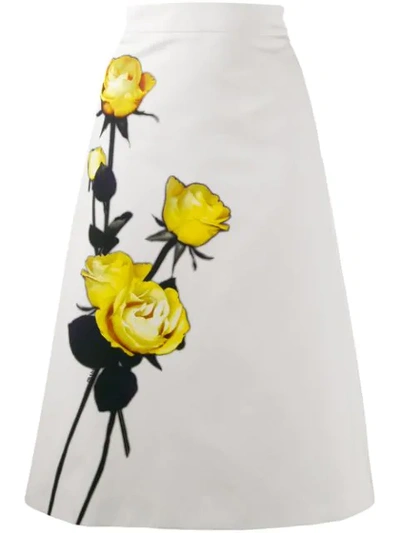 Prada Floral-print Cotton-poplin Midi Skirt In White