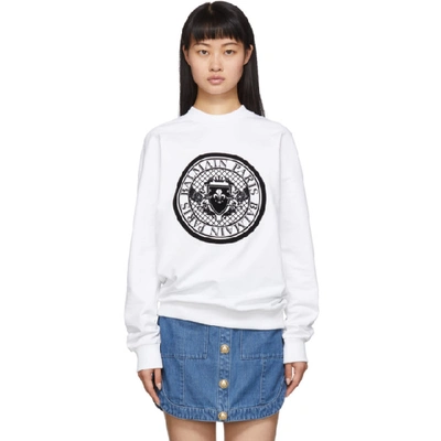 Balmain Flocked-logo Cotton Swearshirt In Gab Blanc/noir