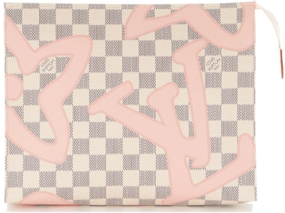 Pre-owned Louis Vuitton Toiletry Pouch Tahitienne Damier Azur Tahitienne 26 Ivorie/ Pink/ Grey In Ivorie, Pink, Grey