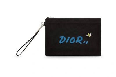 Pre-owned Dior X Kaws Pouch Blue Logo Nylon Black