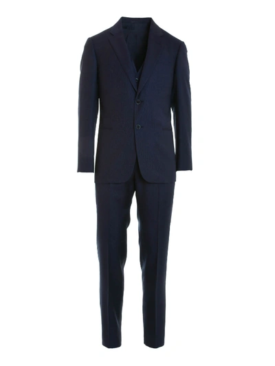 Armani Collezioni Waistcoat Detailed Pattern Suit In Blue