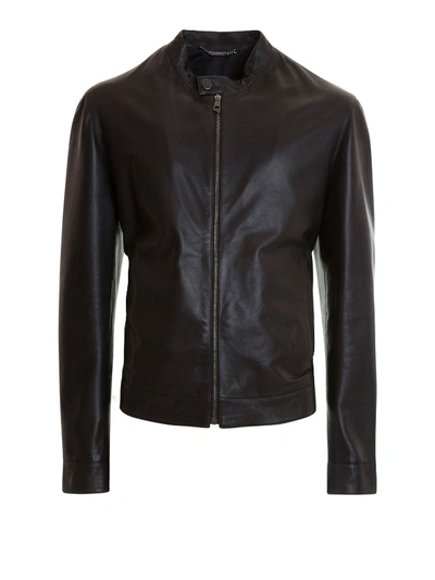 Versace Guru Collar Leather Jacket In Black