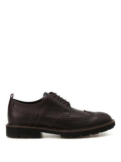 Tod's Hammered Leather Derby Brogues In Dark Brown
