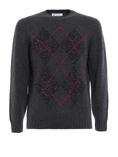 Brunello Cucinelli Argyle Cashmere Blend Sweater In Grey