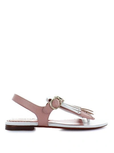 Santoni Pink And White Leather Thong Sandal