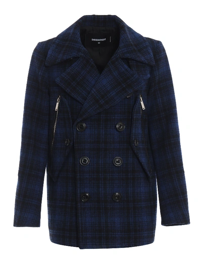 Dsquared2 Checked Wool Single Breasted Peacoat In Dark Blue