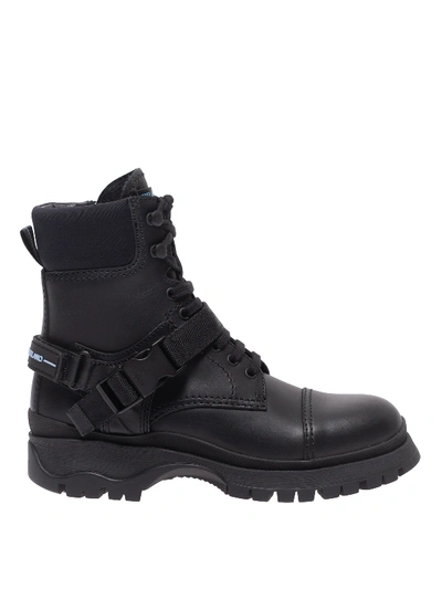 Prada Buckle Strap Calf Leather Ankle Boots In Black