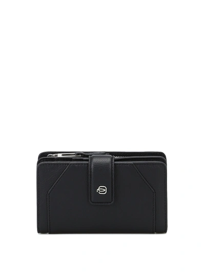 Piquadro Leather Trifold Wallet With Coin Zip Pocket In Black