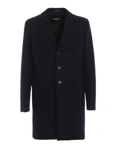 Dsquared2 Blue Techno Wool Single-breasted Coat In Navy