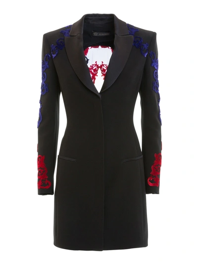 Versace Two-tone Flock Embellished Long Blazer In Black