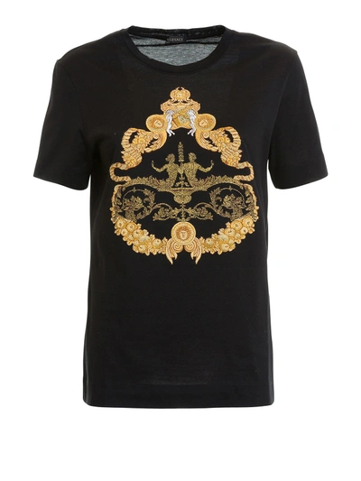 Versace Baroque Embroidered Cotton Tee In Black