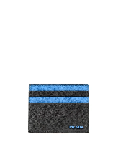 Prada Black And Blue Saffiano Leather Card Holder