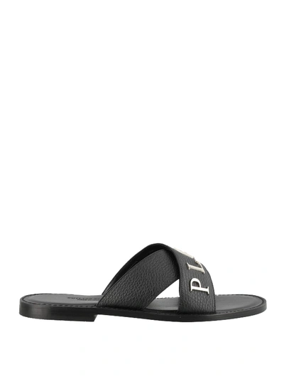 Philipp Plein Metallic Logo Black Leather Flat Sandals