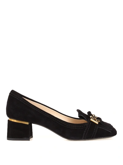 Tod's T Ring Frangia Embellished Suede Loafers In Black