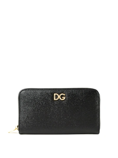 Dolce & Gabbana Rhinestone Dg Black Dauphine Leather Wallet
