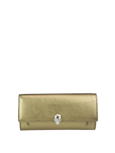 Alexander Mcqueen Gold-tone Metallic Leather Skull Wallet Bag