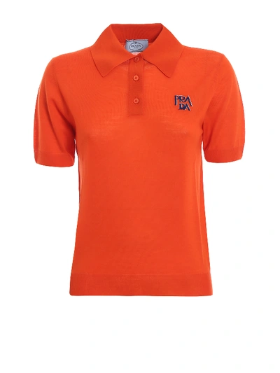 Prada Logo Intarsia Orange  Knit Wool Polo Shirt